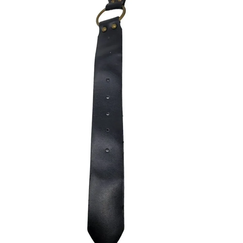Unisex Vintage-Inspired Black Vegan Leather Belt Brass Concho Studs Chain Hip XL